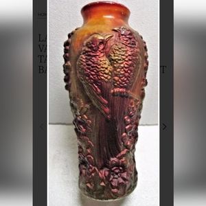 HP 9/9! Antique Victorian Large Goofus Glass Vase Two Birds Floral Background